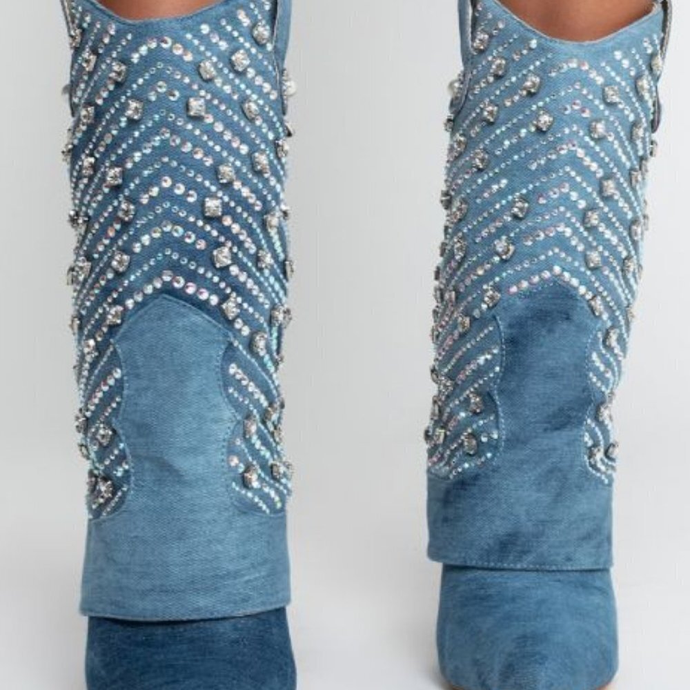 AZALEA WANG PLAYING TO WIN RHINESTONE STUDDED DENIM STILETTO BOOTIE ( BRAND NEW - Picture 7 of 13